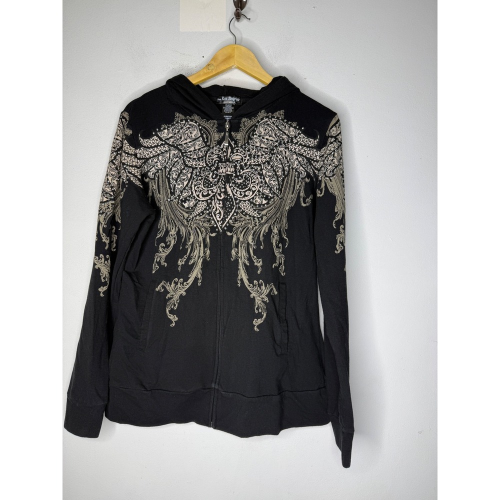 Bus Stop Los Angeles Women's Black Rhinestone Angel Wings Zip Jacket cotton 2X